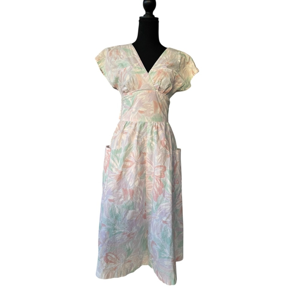 Vintage 1980s Joni Blair Pastel Floral Midi Dress Size 7  Cap Sleeve V-Neck Tie